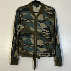 J Crew | Camo zip up wool blend cardigan sweater Women’s size M green drawstring